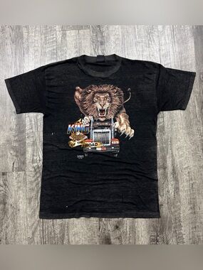 Vintage 80s 3D Emblem Truckers Only King Of The Road Lion Biker Thin T Shirt